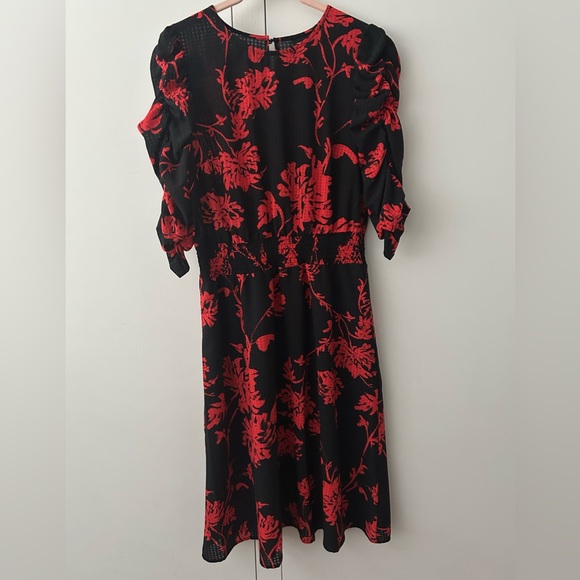 Who What Wear Dresses & Skirts - Black and Red Floral Midi Dress with 3/4 Ruched Sleeves
